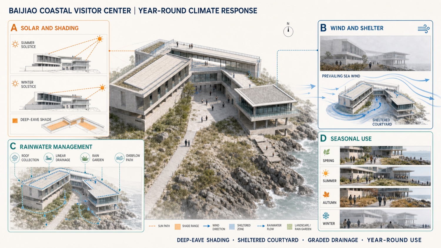Year-round climate response, shading, wind, rainwater, and seasonal use board from the handbook