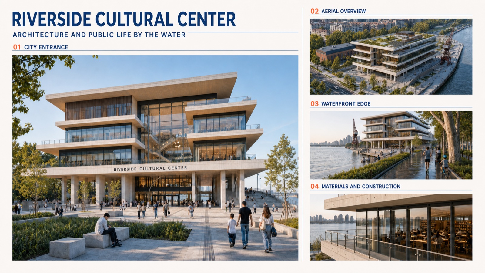 Four-view presentation board from the handbook showing one project across coordinated architectural views